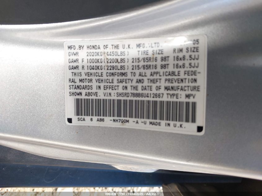 2006 Honda Cr-V Ex VIN: SHSRD78886U412667 Lot: 43617790