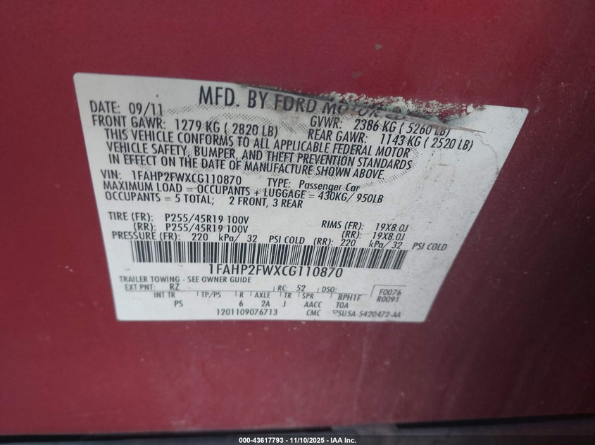 2012 Ford Taurus Limited VIN: 1FAHP2FWXCG110870 Lot: 43617793