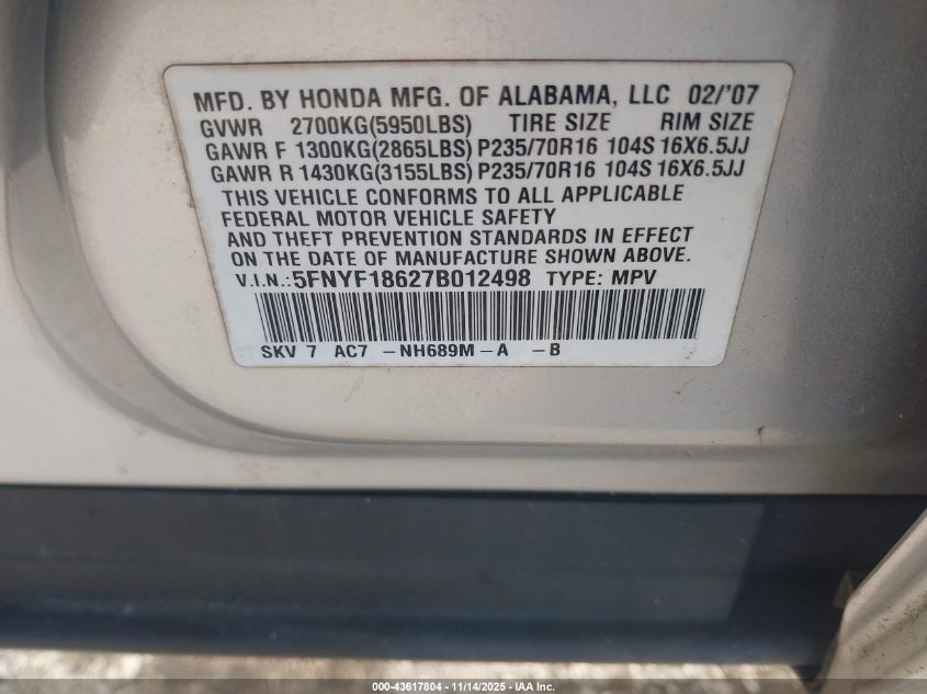 2007 Honda Pilot Ex-L VIN: 5FNYF18627B012498 Lot: 43617804