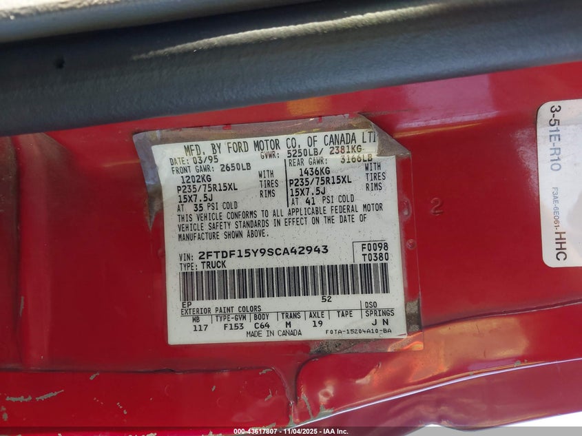 1995 Ford F150 VIN: 2FTDF15Y9SCA42943 Lot: 43617807