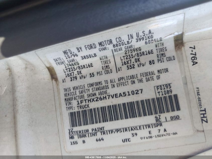 1997 Ford F-250 Xl VIN: 1FTHX26H7VEA51027 Lot: 43617809