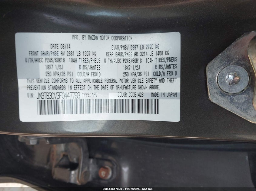 2015 MAZDA CX-9 TOURING - JM3TB3CV3F0447793