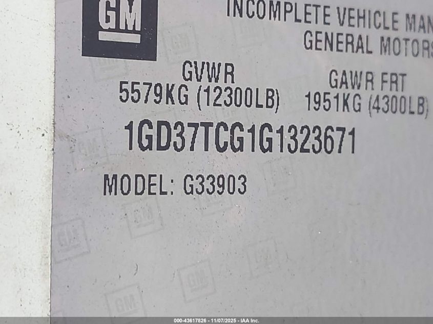 2016 GMC Savana Cutaway 3500 VIN: 1GD37TCG1G1323671 Lot: 43617826