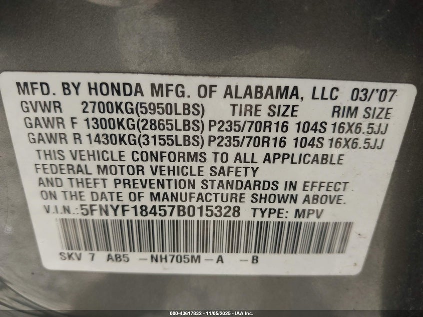 5FNYF18457B015328 2007 HONDA PILOT photo no. 9