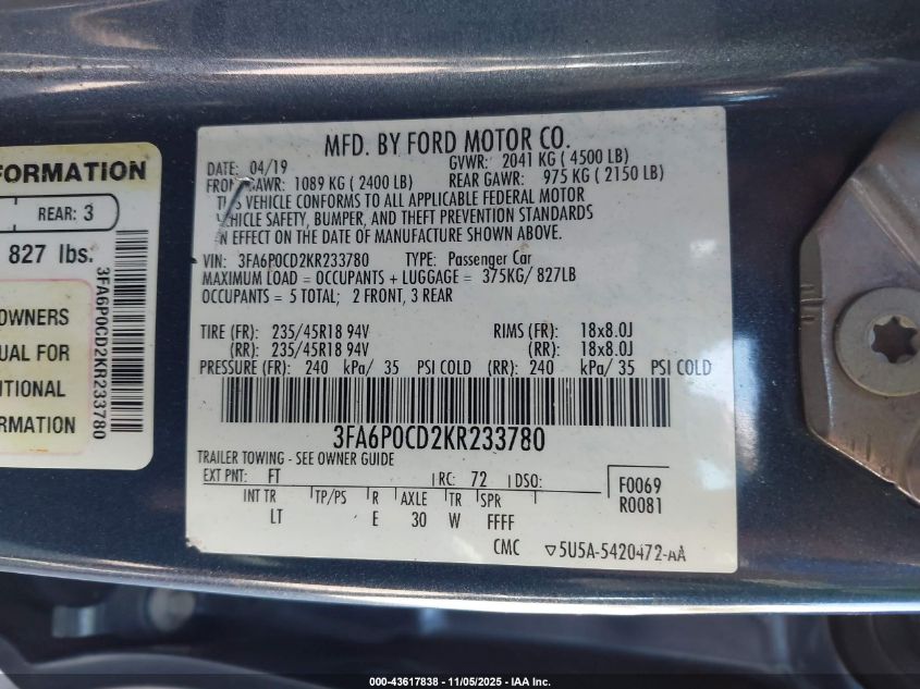 2019 Ford Fusion Sel VIN: 3FA6P0CD2KR233780 Lot: 43617838