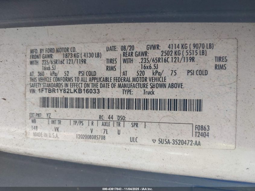 2020 Ford Transit-250 VIN: 1FTBR1Y82LKB16033 Lot: 43617843