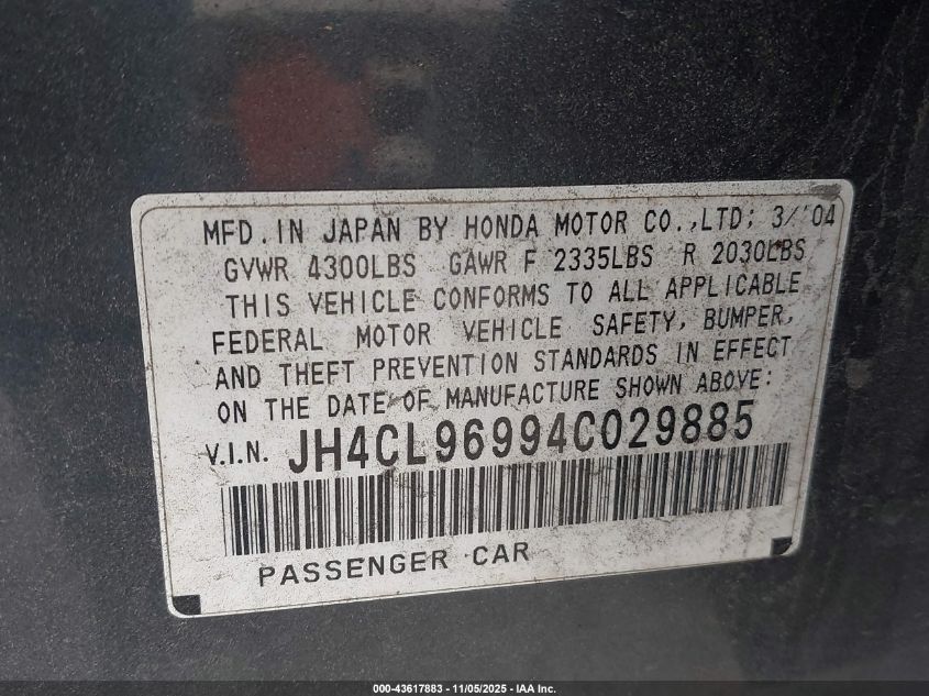 2004 Acura Tsx VIN: JH4CL96994C029885 Lot: 43617883