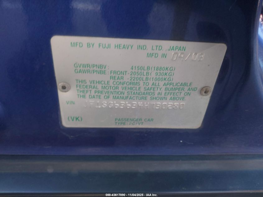 2004 Subaru Forester 2.5X VIN: JF1SG63634H730280 Lot: 43617890