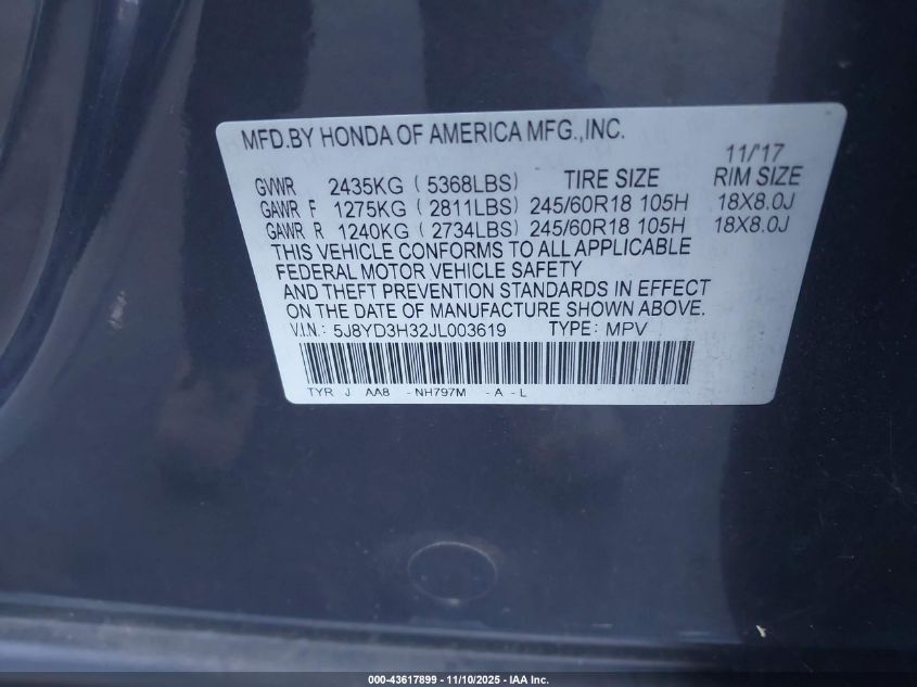 2018 Acura Mdx VIN: 5J8YD3H32JL003619 Lot: 43617899