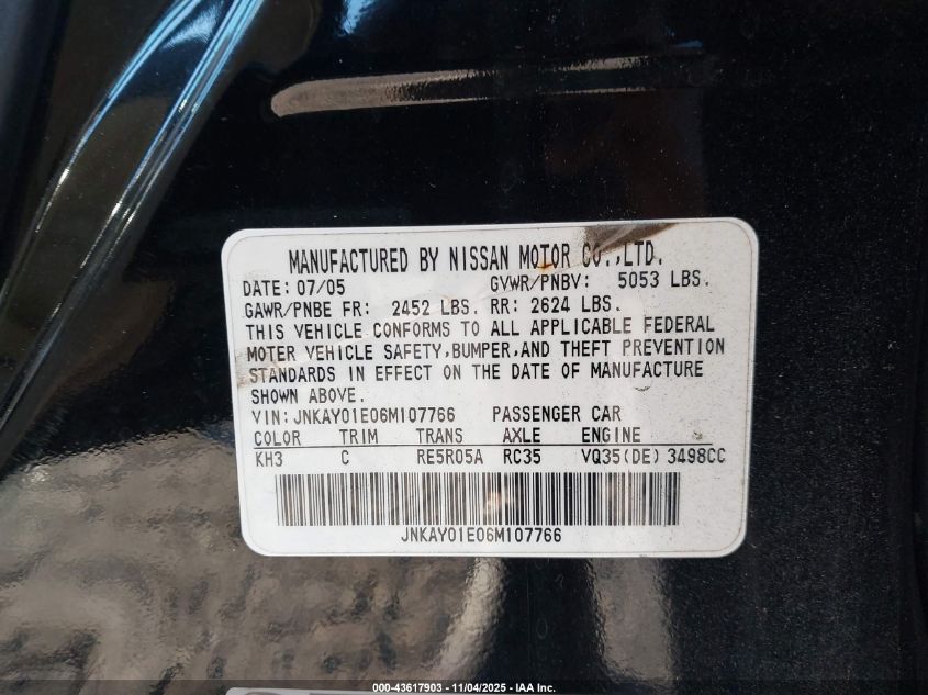 2006 Infiniti M35 VIN: JNKAY01E06M107766 Lot: 43617903