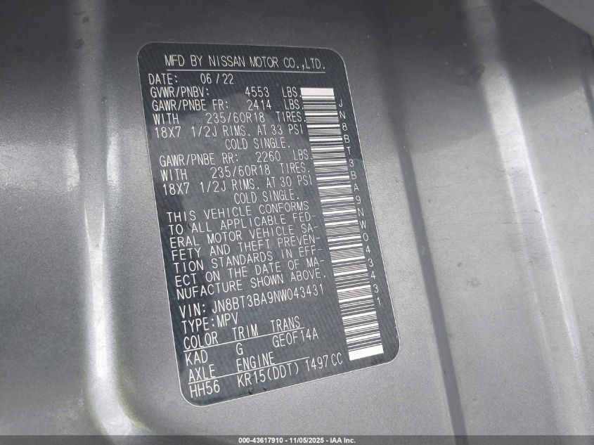 2022 Nissan Rogue Sv Fwd VIN: JN8BT3BA9NW043431 Lot: 43617910