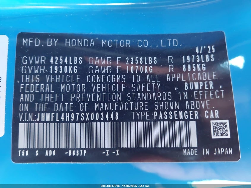 2025 HONDA CIVIC HYBRID SPORT TOURING JHMFL4H97SX003448