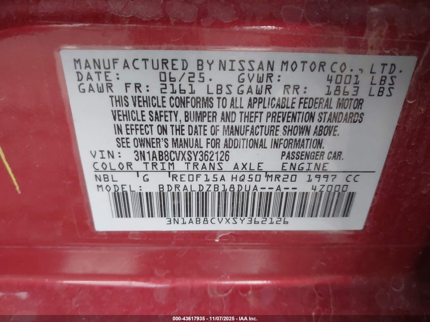 2025 NISSAN SENTRA SV 3N1AB8CVXSY362126