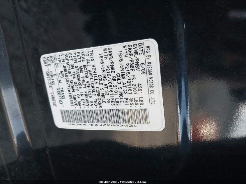 2009 Nissan Rogue S VIN: JN8AS58V79W189692 Lot: 43617938