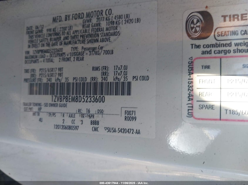 2013 Ford Mustang V6 Premium VIN: 1ZVBP8EM8D5233600 Lot: 43617944