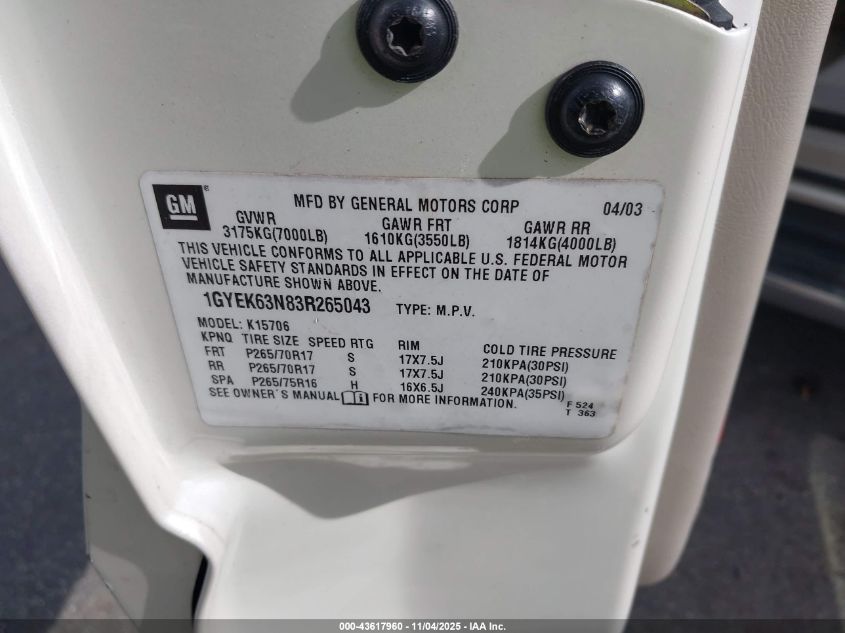 2003 Cadillac Escalade Standard VIN: 1GYEK63N83R265043 Lot: 43617960