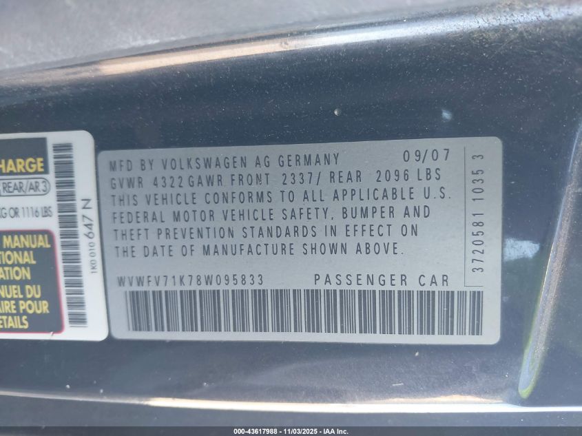 2008 Volkswagen Gti 2-Door/2-Door (A6) (Eop Cw 21/08) VIN: WVWFV71K78W095833 Lot: 43617988