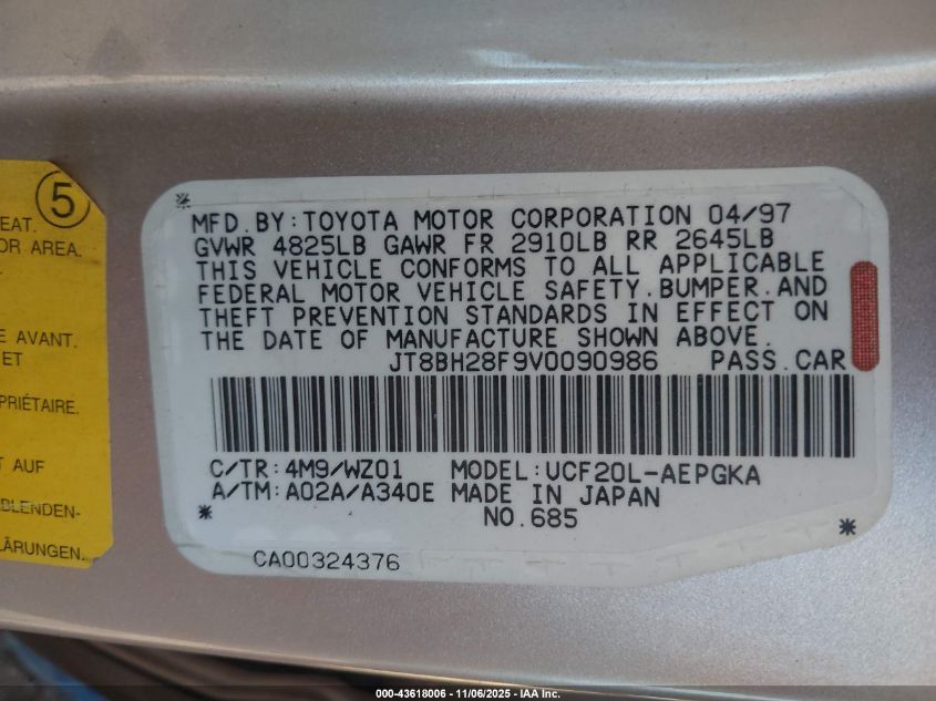 1997 Lexus Ls 400 VIN: JT8BH28F9V0090986 Lot: 43618006