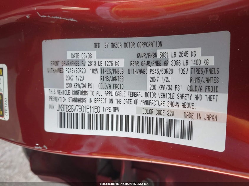 JM3TB28V780151150 2008 MAZDA CX-9 photo no. 9
