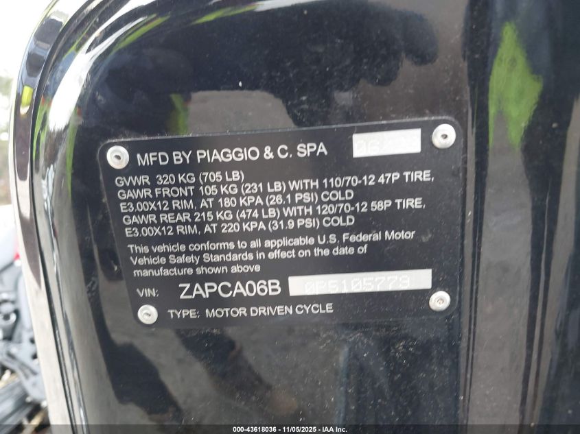 2023 Vespa Primavera/Sprint 50 VIN: ZAPCA06B0P5105779 Lot: 43618036