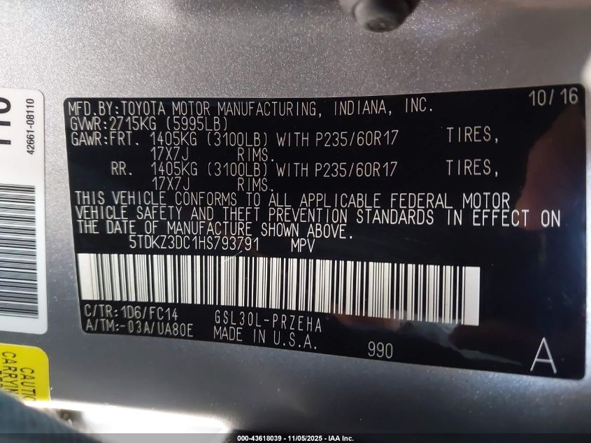 2017 Toyota Sienna Le 8 Passenger VIN: 5TDKZ3DC1HS793791 Lot: 43618039