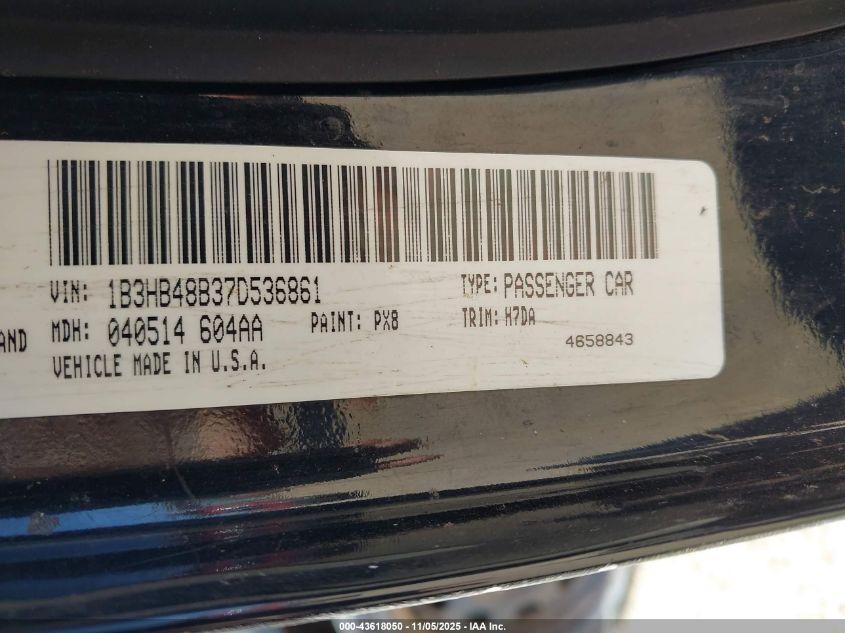 2007 Dodge Caliber Sxt VIN: 1B3HB48B37D536861 Lot: 43618050