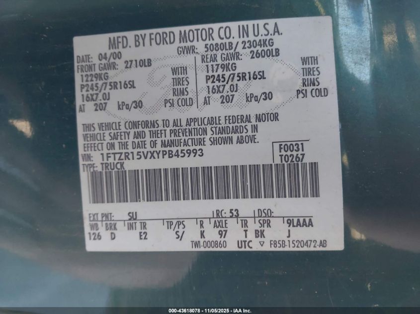 2000 Ford Ranger Xl/Xlt VIN: 1FTZR15VXYPB45993 Lot: 43618078