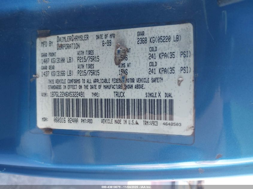 1999 Dodge Dakota Slt/Sport VIN: 1B7GL22X6XS322491 Lot: 43618079