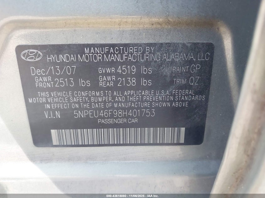5NPEU46F98H401753 2008 HYUNDAI SONATA photo no. 9