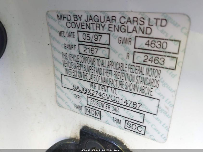 1997 Jaguar Xk8 VIN: SAJGX2745VC014787 Lot: 43618083