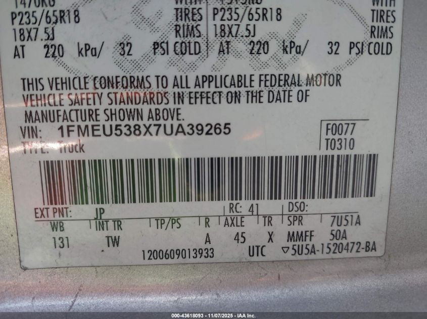 2007 Ford Explorer Sport Trac Limited VIN: 1FMEU538X7UA39265 Lot: 43618093