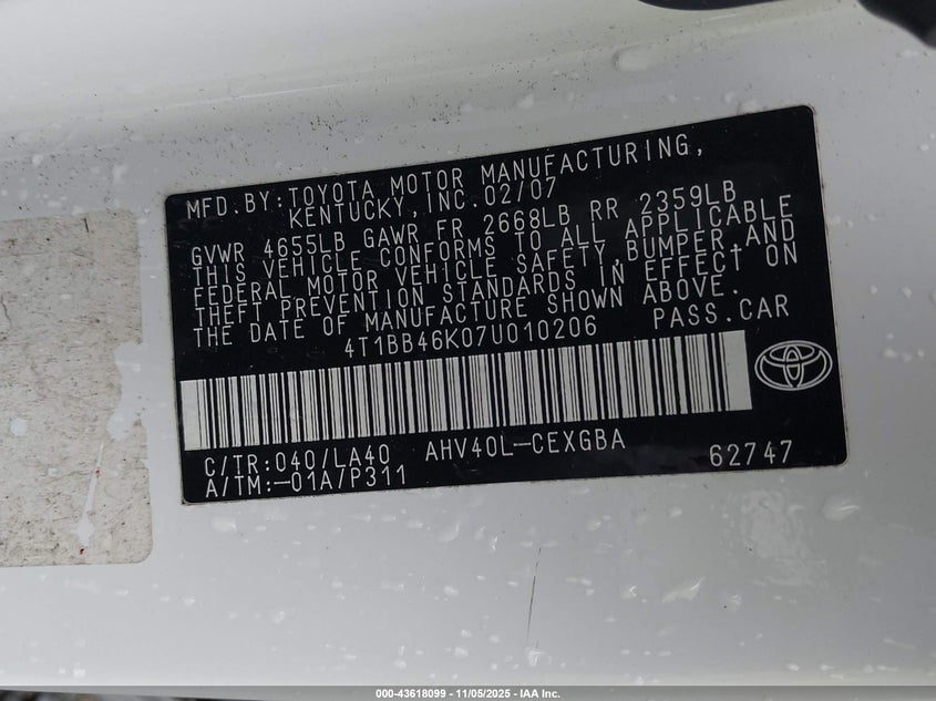4T1BB46K07U010206 2007 TOYOTA CAMRY photo no. 9