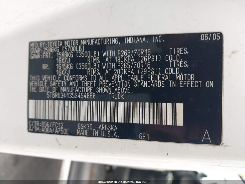 2005 Toyota Tundra Sr5 VIN: 5TBRU34135S454868 Lot: 43618108