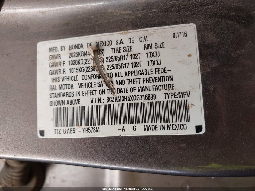 2016 HONDA CR-V EX - 3CZRM3H5XGG716899
