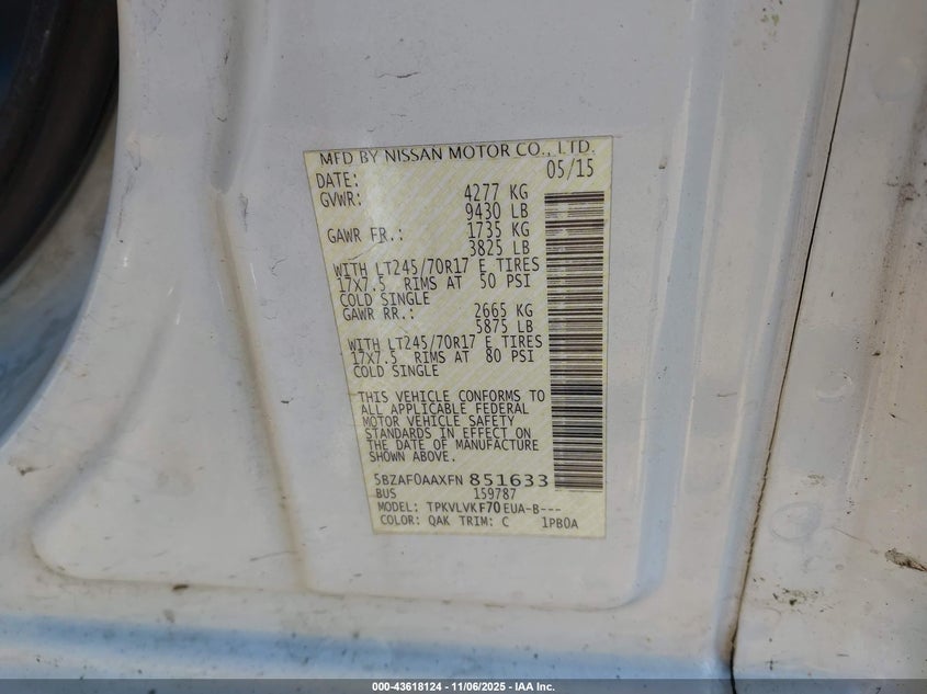 2015 NISSAN NV PASSENGER NV3500 HD SL V8 - 5BZAF0AAXFN851633