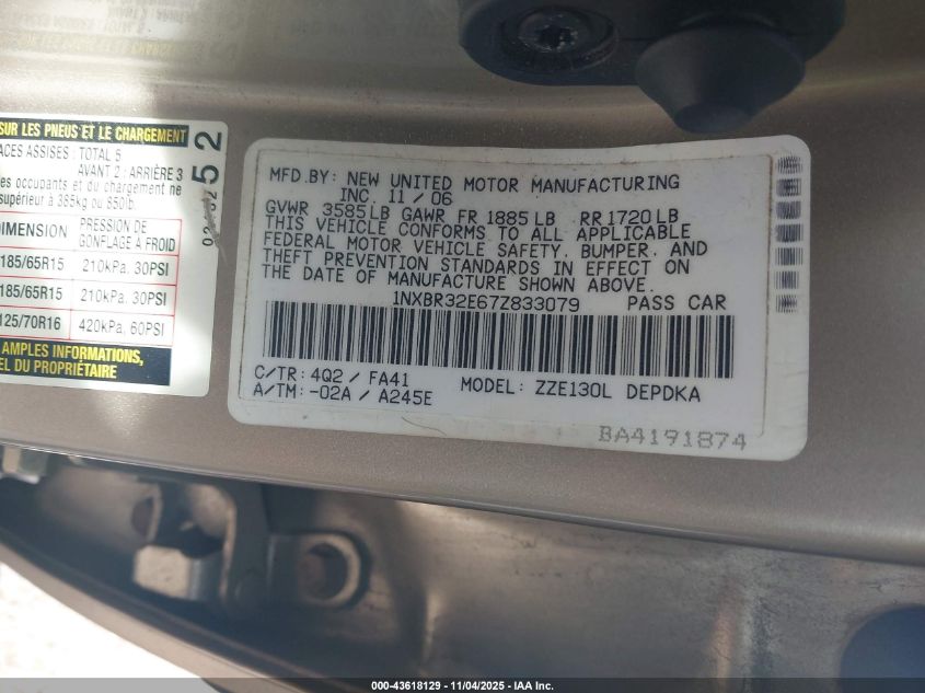 2007 Toyota Corolla Ce VIN: 1NXBR32E67Z833079 Lot: 43618129