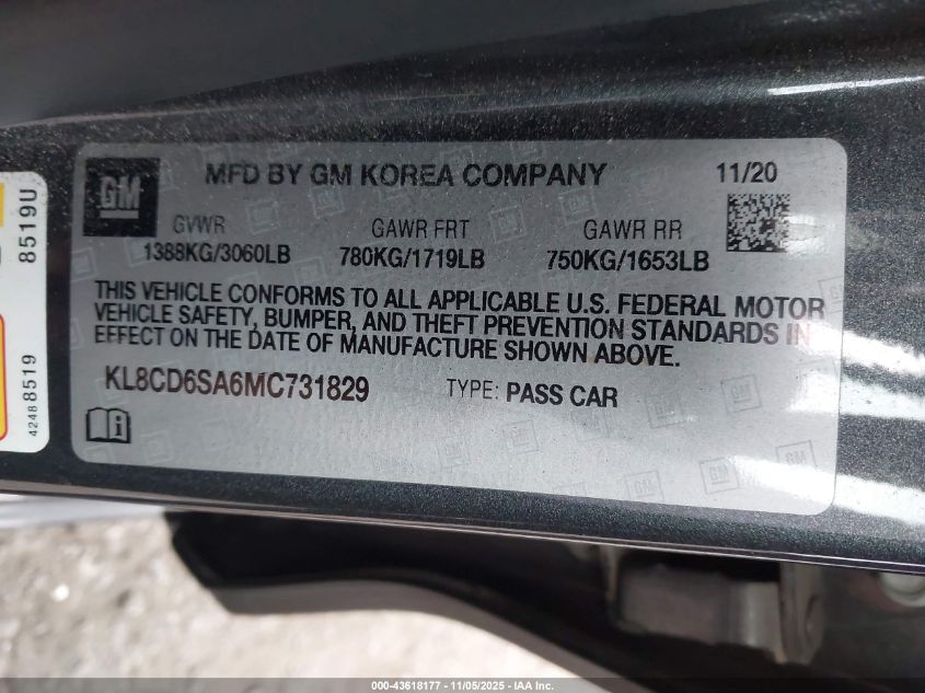 2021 Chevrolet Spark Fwd 1Lt Automatic VIN: KL8CD6SA6MC731829 Lot: 43618177