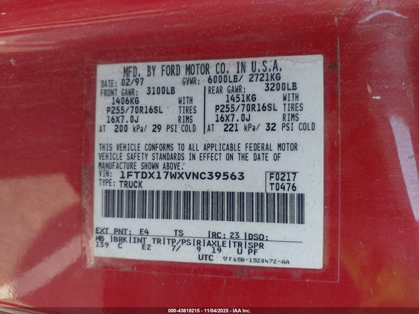 1997 Ford F-150 Lariat/Standard/Xl/Xlt VIN: 1FTDX17WXVNC39563 Lot: 43618215