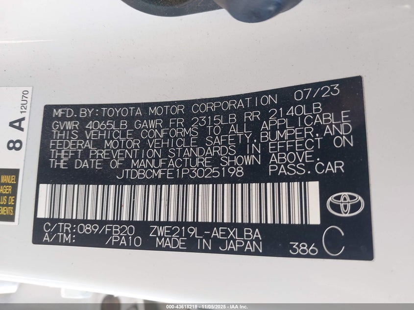 2023 TOYOTA COROLLA HYBRID LE - JTDBCMFE1P3025198