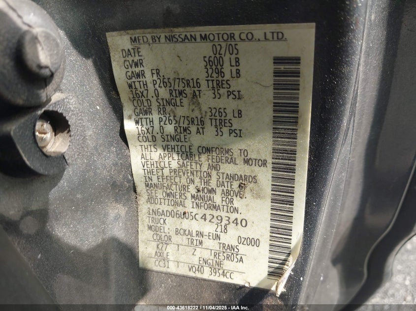1N6AD06U05C429340 2005 NISSAN NAVARA (FRONTIER) photo no. 9