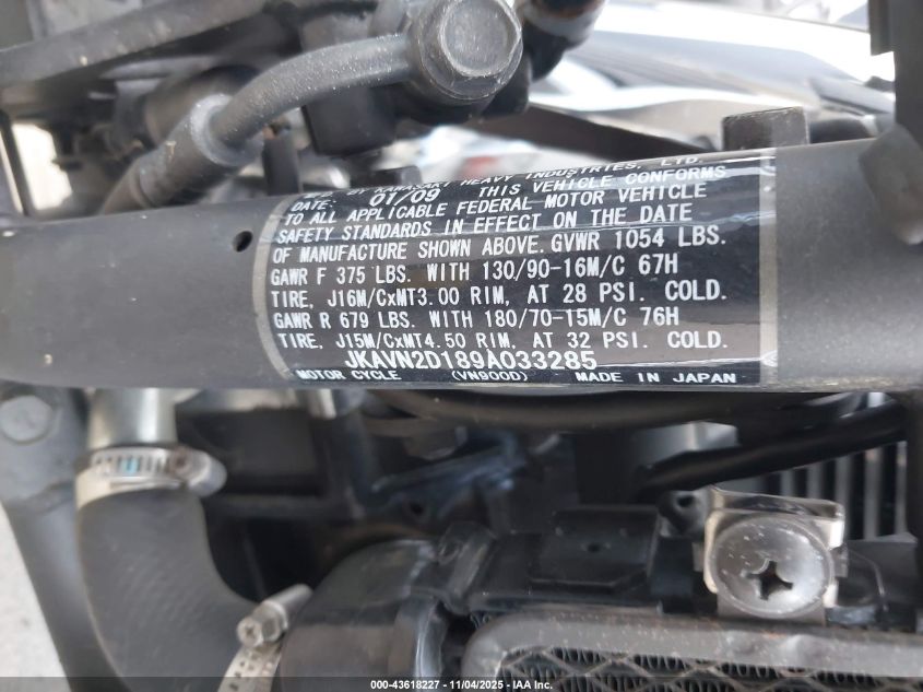 2009 Kawasaki Vn900 D VIN: JKAVN2D189A033285 Lot: 43618227