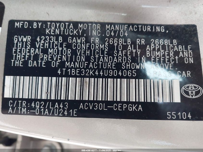 2004 Toyota Camry Xle VIN: 4T1BE32K44U904065 Lot: 43618277