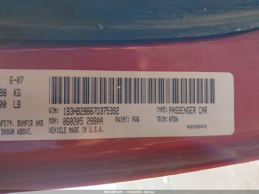 2007 Dodge Caliber VIN: 1B3HB28B67D375992 Lot: 43618291