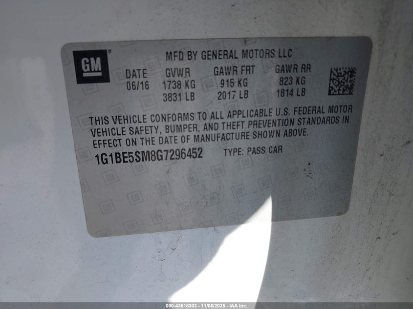 2016 CHEVROLET CRUZE LT AUTO 1G1BE5SM8G7296452