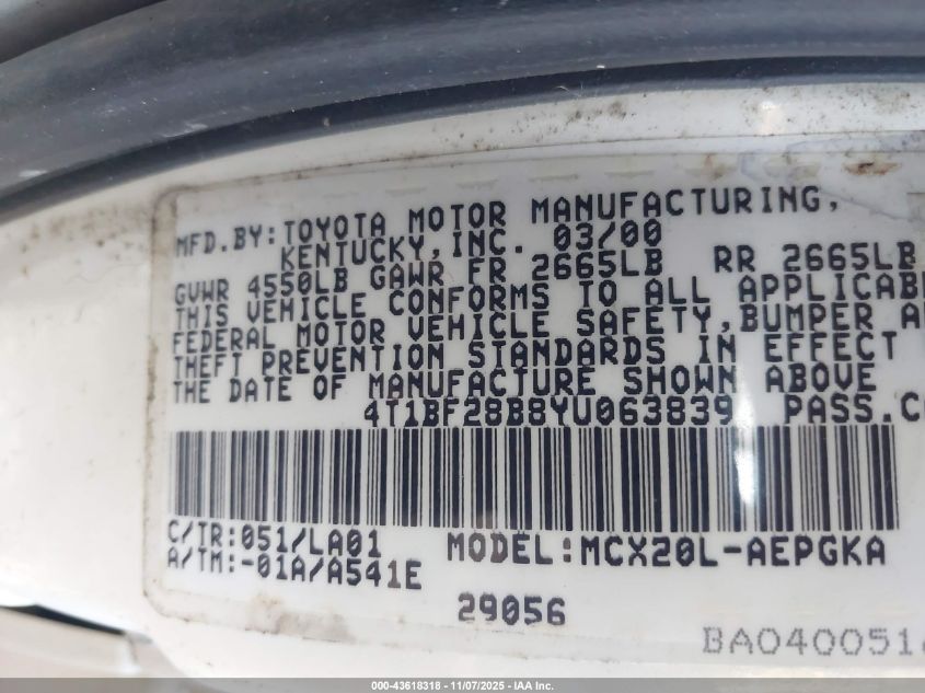 2000 Toyota Avalon Xls VIN: 4T1BF28B8YU063839 Lot: 43618318