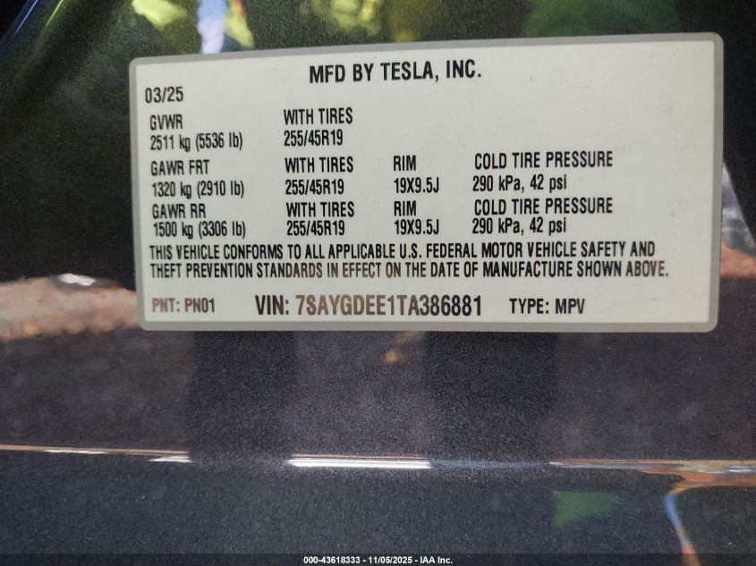2026 Tesla Model Y Long Range Dual Motor All-Wheel Drive/Long Range Launch Series VIN: 7SAYGDEE1TA386881 Lot: 43618333