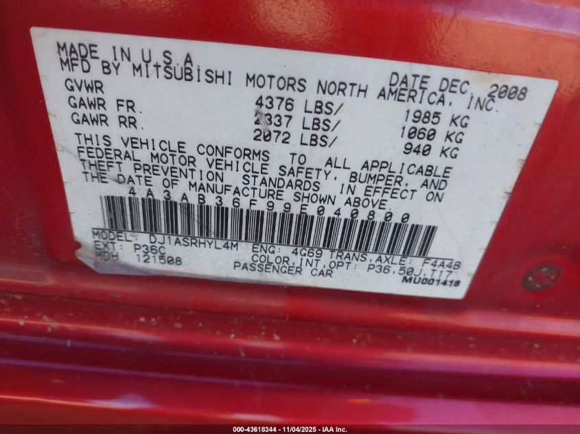 2009 Mitsubishi Galant Es/Sport Edition VIN: 4A3AB36F99E040800 Lot: 43618344