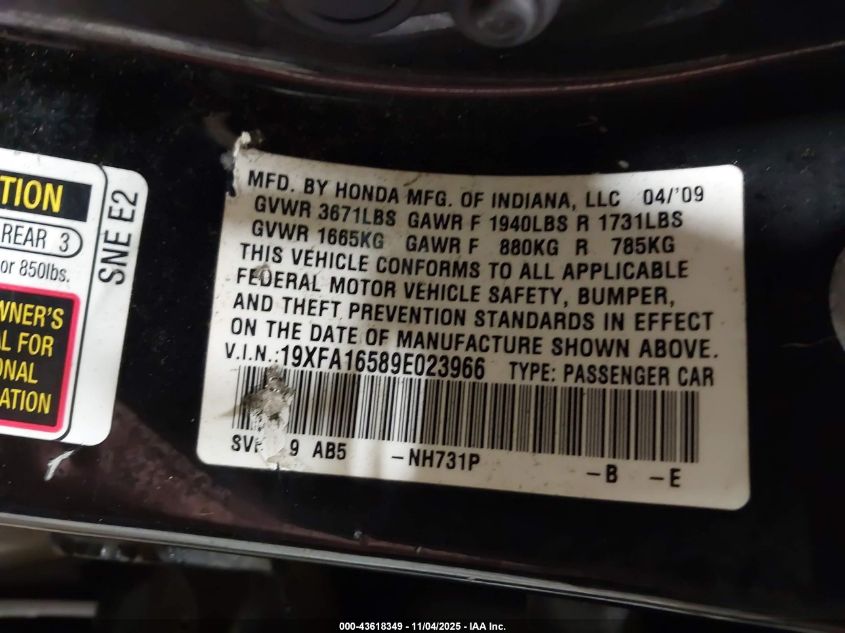2009 Honda Civic Lx VIN: 19XFA16589E023966 Lot: 43618349