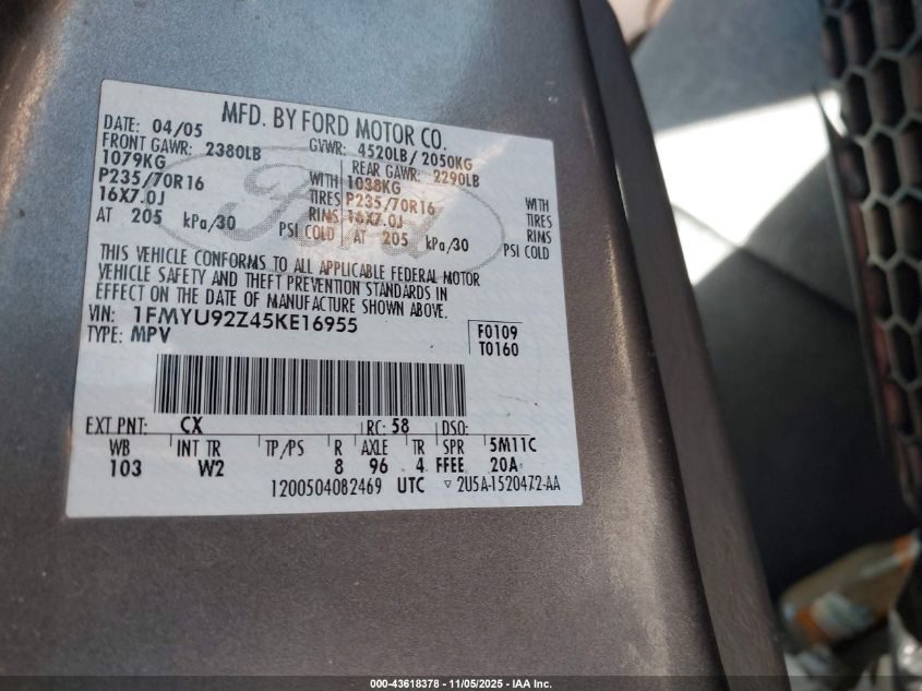 2005 Ford Escape Xls VIN: 1FMYU92Z45KE16955 Lot: 43618378