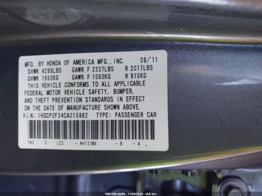 2012 Honda Accord 2.4 Lx VIN: 01HGCP2F34CA01588 Lot: 43618380